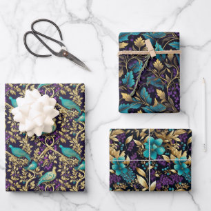 Lila Damask Floral Geschenkpapier Set