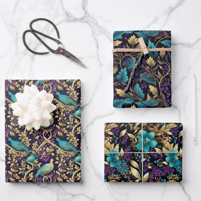 Lila Damask Floral Geschenkpapier Set (Vorderseite)