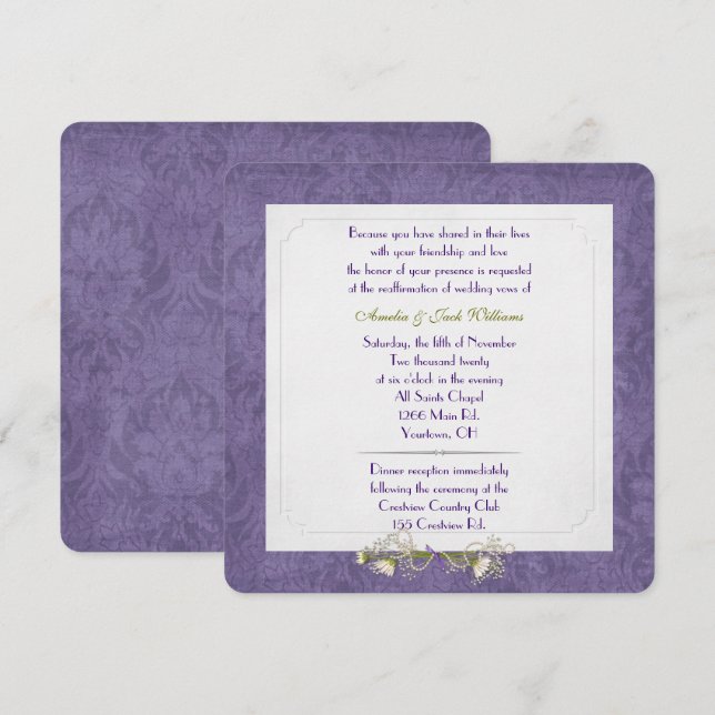 Lila Damask Frame Hochzeit Vow Erneuerung Einladung (Vorne/Hinten)