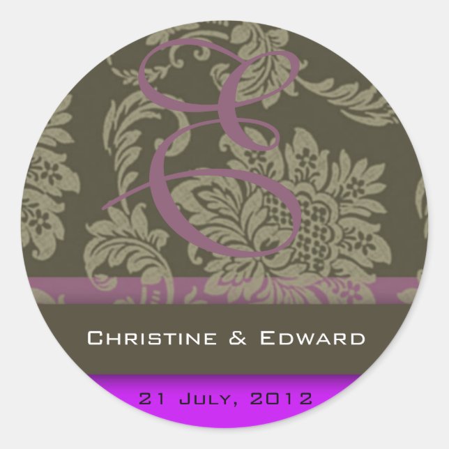 Lila Damask Hochzeitsticker Runder Aufkleber (Vorderseite)