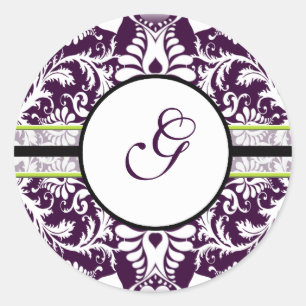 Lila Damask Initialsticker Letter G Wedding Runder Aufkleber