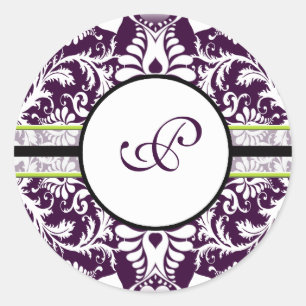 Lila Damask Initialsticker Letter P Wedding Runder Aufkleber