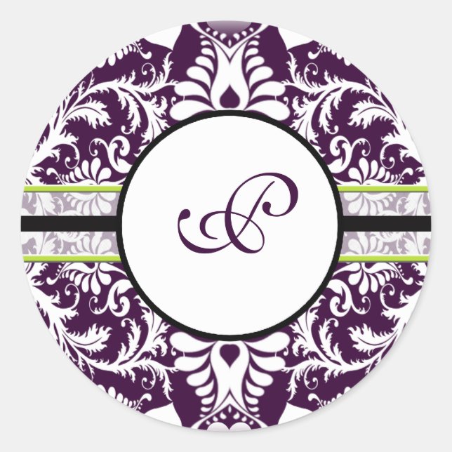 Lila Damask Initialsticker Letter P Wedding Runder Aufkleber (Vorderseite)