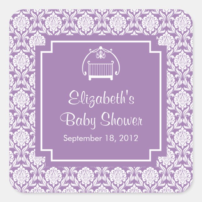 Lila Damask Kinderkrippe Babydusche Square Aufkleb Quadratischer Aufkleber (Vorderseite)