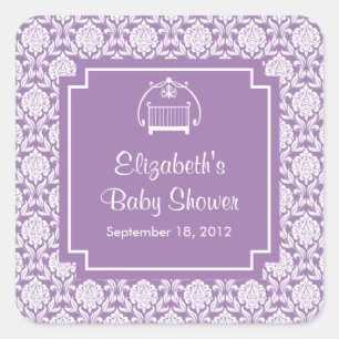 Lila Damask Kinderkrippe Babydusche Square Aufkleb Quadratischer Aufkleber