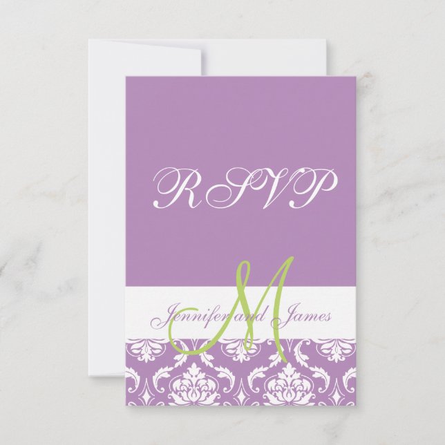 Lila Damask Monogram Foto Wedding RSVP Karte (Vorderseite)