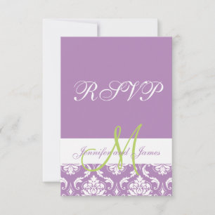Lila Damask Monogram Foto Wedding RSVP Karte
