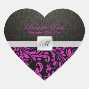 Lila Damask Monogram Save the Date Aufkleber