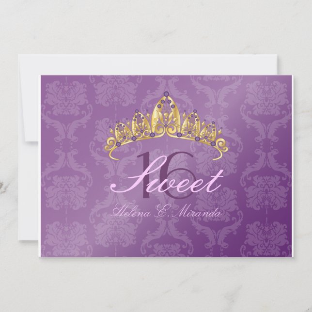 Lila Damask Sweet 16/ tiara/amethyst Einladungen (Vorderseite)