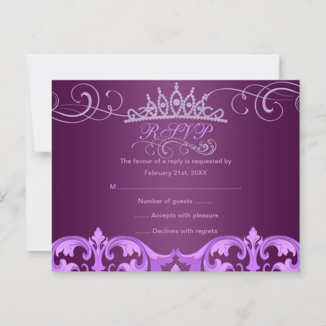 Lila Damask & Tiara Birthday RSVP-Karte RSVP Karte (Vorderseite)