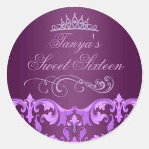 Lila Damask/Tiara Sweet 16 Umschlag Aufkleber/Sieg Runder Aufkleber