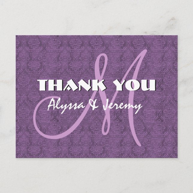 Lila Damask Wedding Danke Monogram N802 Postkarte (Vorderseite)