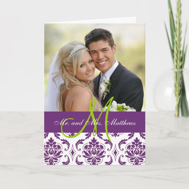 Lila Damask Wedding Foto Dankeschön Karte (Vorderseite)