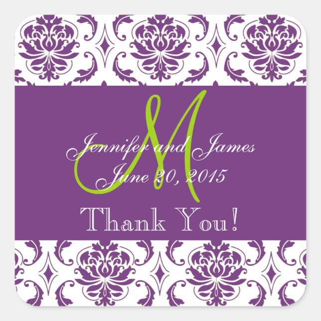 Lila Damask Wedding Gefallen Vielen Dank Quadratischer Aufkleber (Vorderseite)