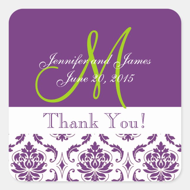 Lila Damask Wedding Gefallen Vielen Dank Quadratischer Aufkleber (Vorderseite)