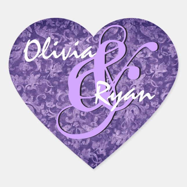 Lila Damask Wedding Heart Sticker (Vorderseite)