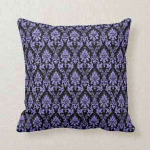 Lila Damast-Druck auf schwarzem Throw-Kissen Kissen