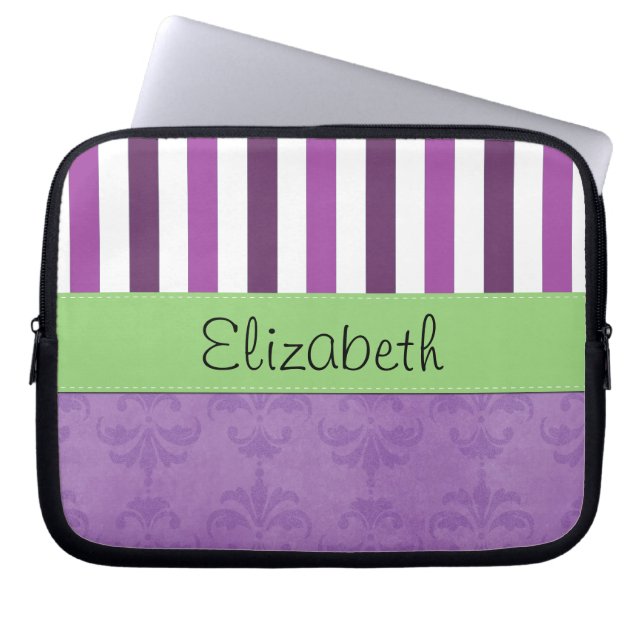 Lila Damast, Lila Streifen, Streifen, Ihr Name Laptopschutzhülle (Vorderseite)