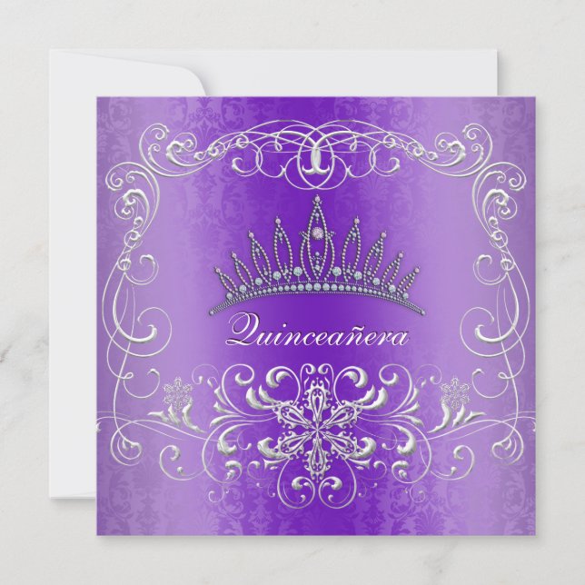 Lila Damast Quinceanera DiamantTiara laden ein Einladung (Vorderseite)
