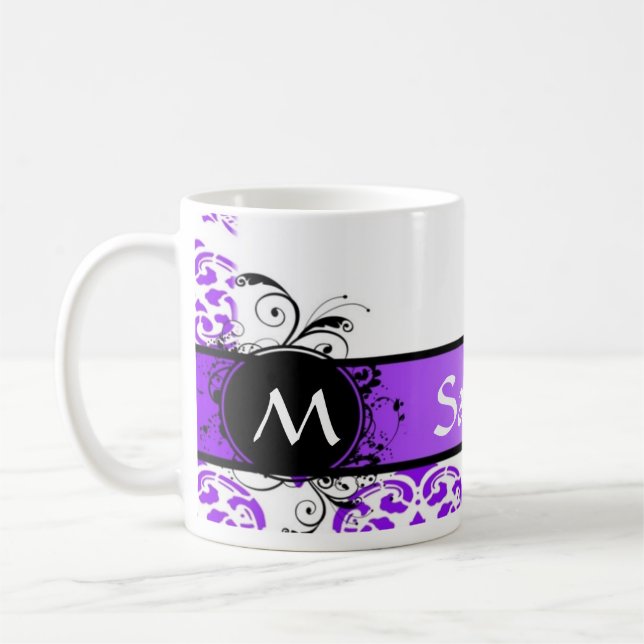 Lila Damast und Monogramm Kaffeetasse (Links)