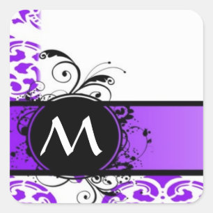 Lila Damastmuster und Monogramm Quadratischer Aufkleber