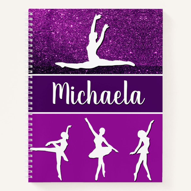 Lila Dance Ballerina Anpassbarer Name Glitzer Notizbuch (Vorderseite)