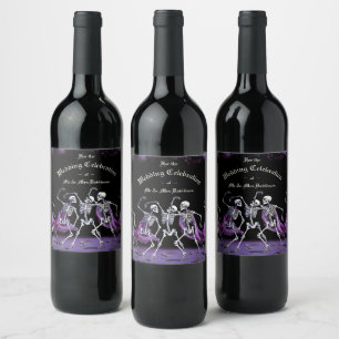 Lila Dancing Skeletons Gothic Wedding Weinetikett