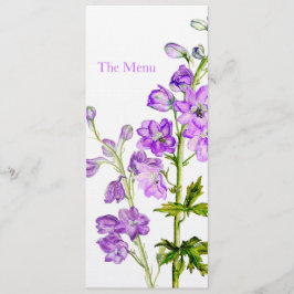 Lila Delphinium Art Hochzeitsmenü Menükarte