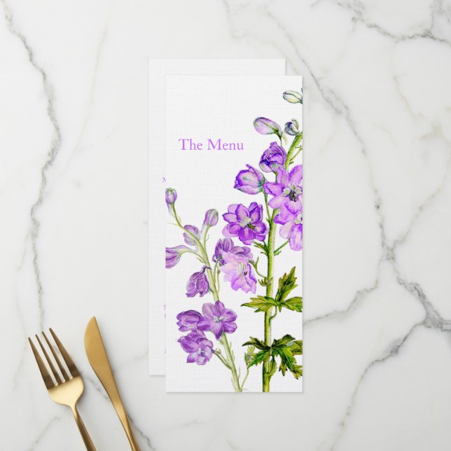 Lila Delphinium Art Hochzeitsmenü Menükarte (Vorderseite/Rückseite Beispiel)