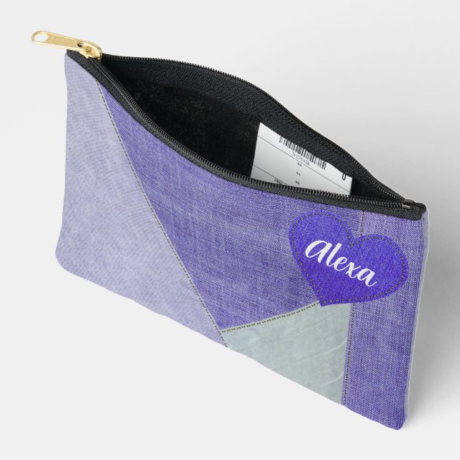 Lila Denim Herz mit Namen Zubehörtasche (Offen)