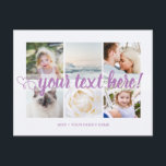 Lila Der benutzerdefinierte Text 6 Fotos wird univ Postkarte<br><div class="desc">Skript mit Herz Ihr individueller Text 6 Fotos Collage Lavender lila universelle Postkarte. Personalisierte 6 Familienkollektion Fotos Universelle Grüße Postkarten mit einer stilvollen Foto-Collage mit 6 personalisierten Bildern,  Ihre Grüße in eleganten handgeschriebenen Drehbuch-Schriftart,  Ihr Name,  Datum,  Jahr,  Nachricht auf der Rückseite in einem modernen und einfachen Sans Serif Schriftart.</div>
