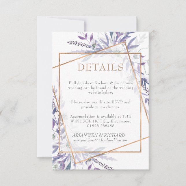 Lila Detailkarte für geometrische Folien RSVP Karte (Vorderseite)