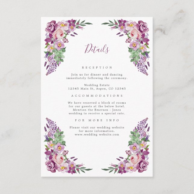Lila Details zur Hochzeit Begleitkarte (Vorderseite)