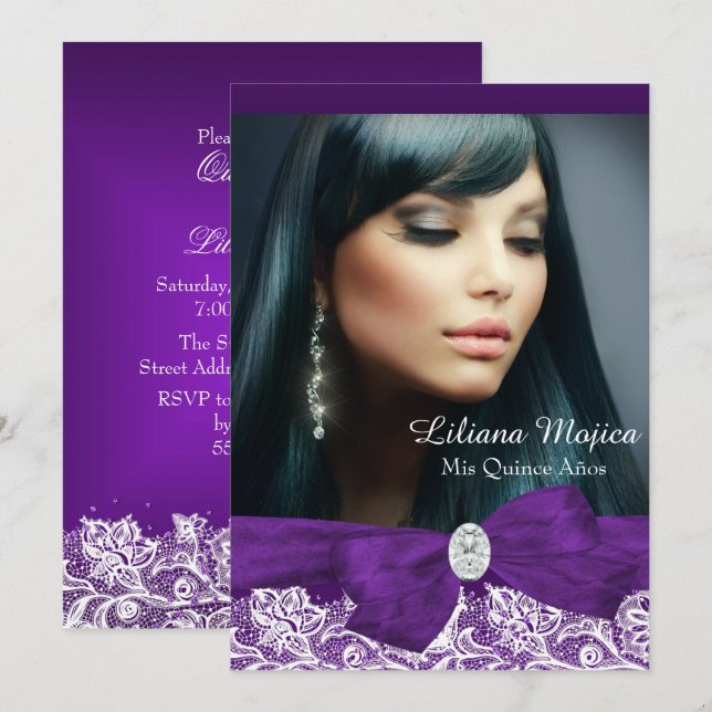 Lila Diamond Bow & Hübsch Lace Quinceanera Einladung (Vorne/Hinten)