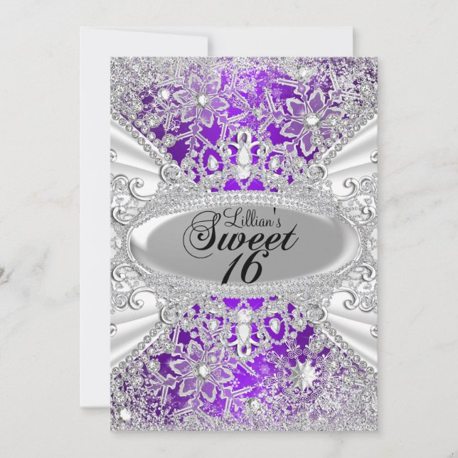 Lila Diamond Snowflake Winter Wonderland Sweet16 Einladung (Vorderseite)