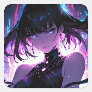 Lila Digital Anime Girl Quadratischer Aufkleber
