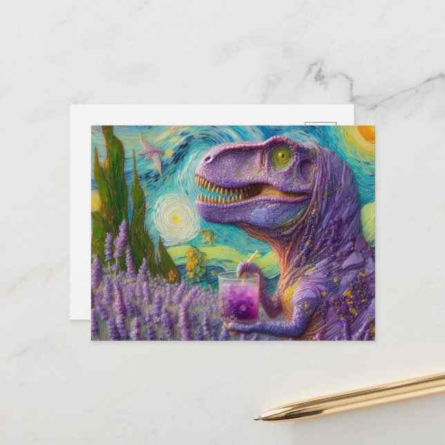 Lila Dino Lavender Lemonade Imitats Van Gogh Postkarte (Vorderseite/Rückseite Beispiel)