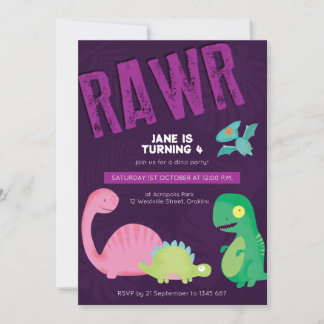 Lila Dinosaur Birthday Invite Einladung