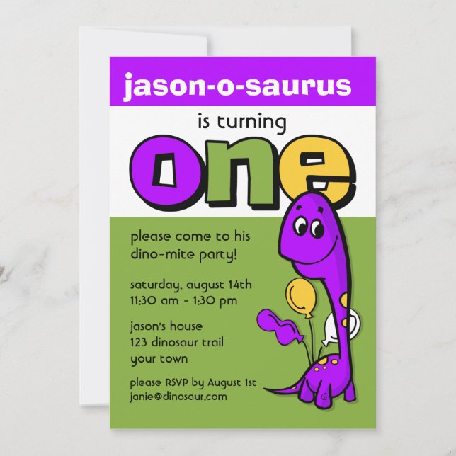 Lila Dinosaurier 1. Geburtstag Einladung (Vorderseite)