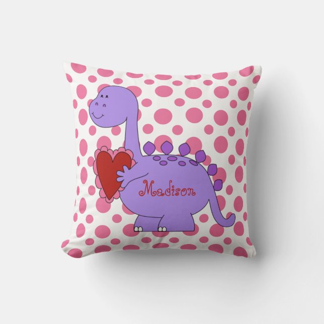 Lila Dinosaurier auf rosa Polka-Punkten, w-Name Kissen (Vorderseite)