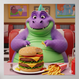 Lila Dinosaurier, der einen Burger genießt Poster