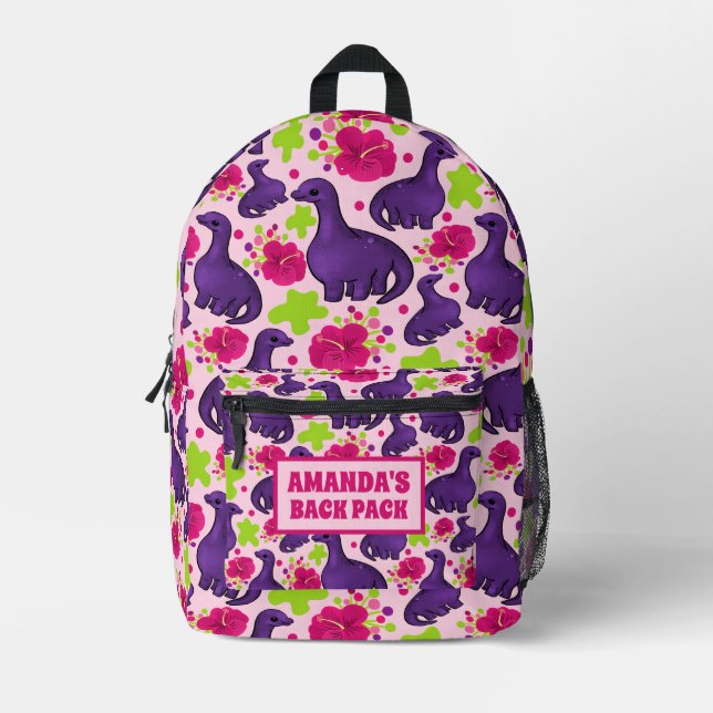 Lila Dinosaurier Muster Personalisierte Kinder Nam Bedruckter Rucksack (Vorderseite)