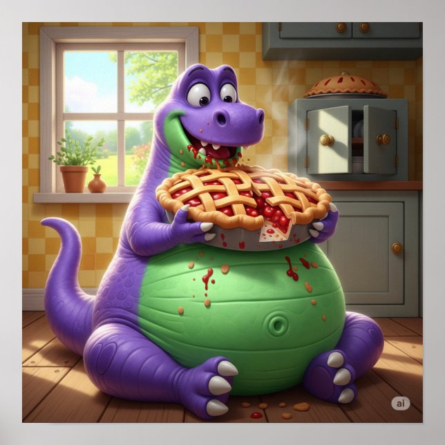 Lila Dinosaurier zum Genießen von Kuchen Poster (Vorne)