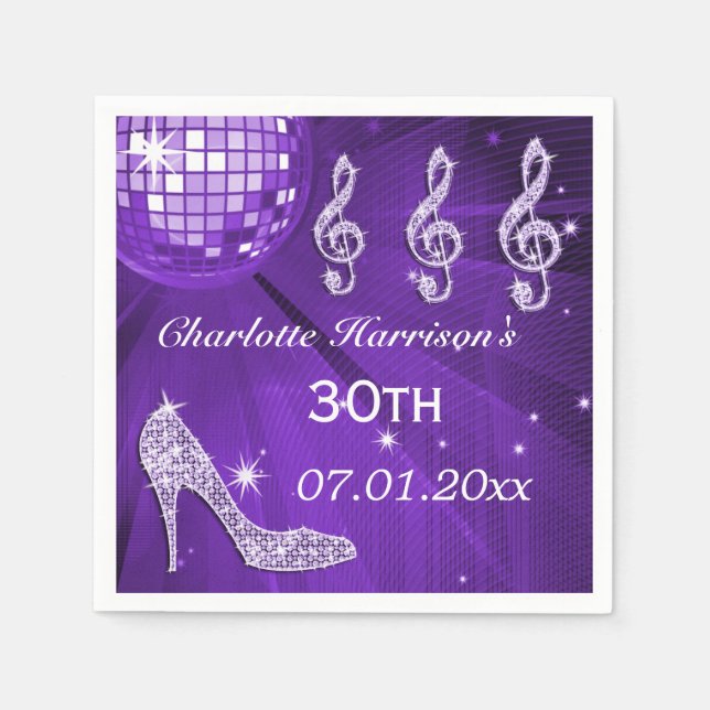 Lila Disco-Ball und Sparkle-Heels 30. Serviette (Vorderseite)