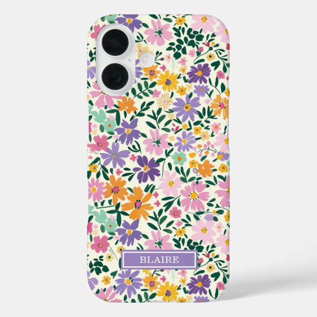 Lila Ditsy Blumen Monogramm iPhone 16 Hülle (Rückseite)