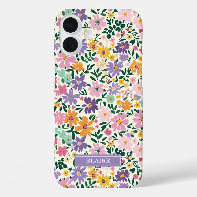 Lila Ditsy Blumen Monogramm iPhone 16 Plus Hülle (Rückseite)