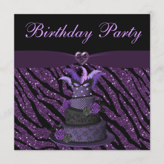 Lila Diva-Kuchen u. Druckzebra-Glitzer-Geburtstag Einladung