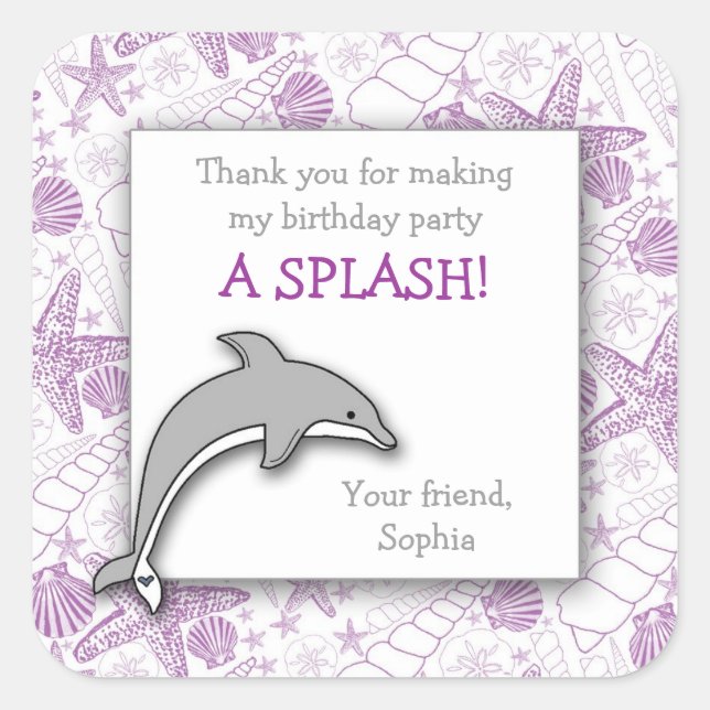 Lila Dolphin Geburtstagspartei Greifsticker Quadratischer Aufkleber (Vorderseite)