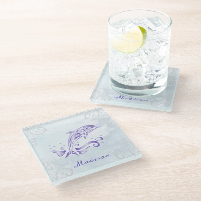 Lila Dolphin Personalisiert Glass Untersetzer (Schrägansicht)