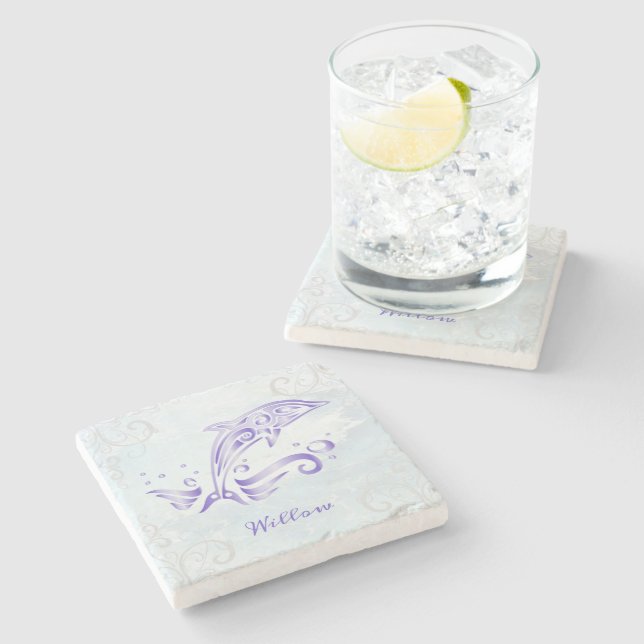 Lila Dolphin Personalisiert Stone Untersetzer (Seitenansicht)